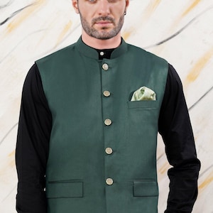 Men&#39;s Dark Green Nehru Jacket: Indian Festive Waistcoat