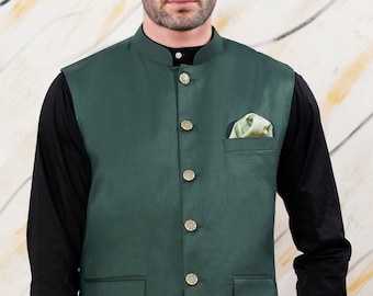 Herren Nehru Jacke Dunkelgrün: Indische Festliche Weste