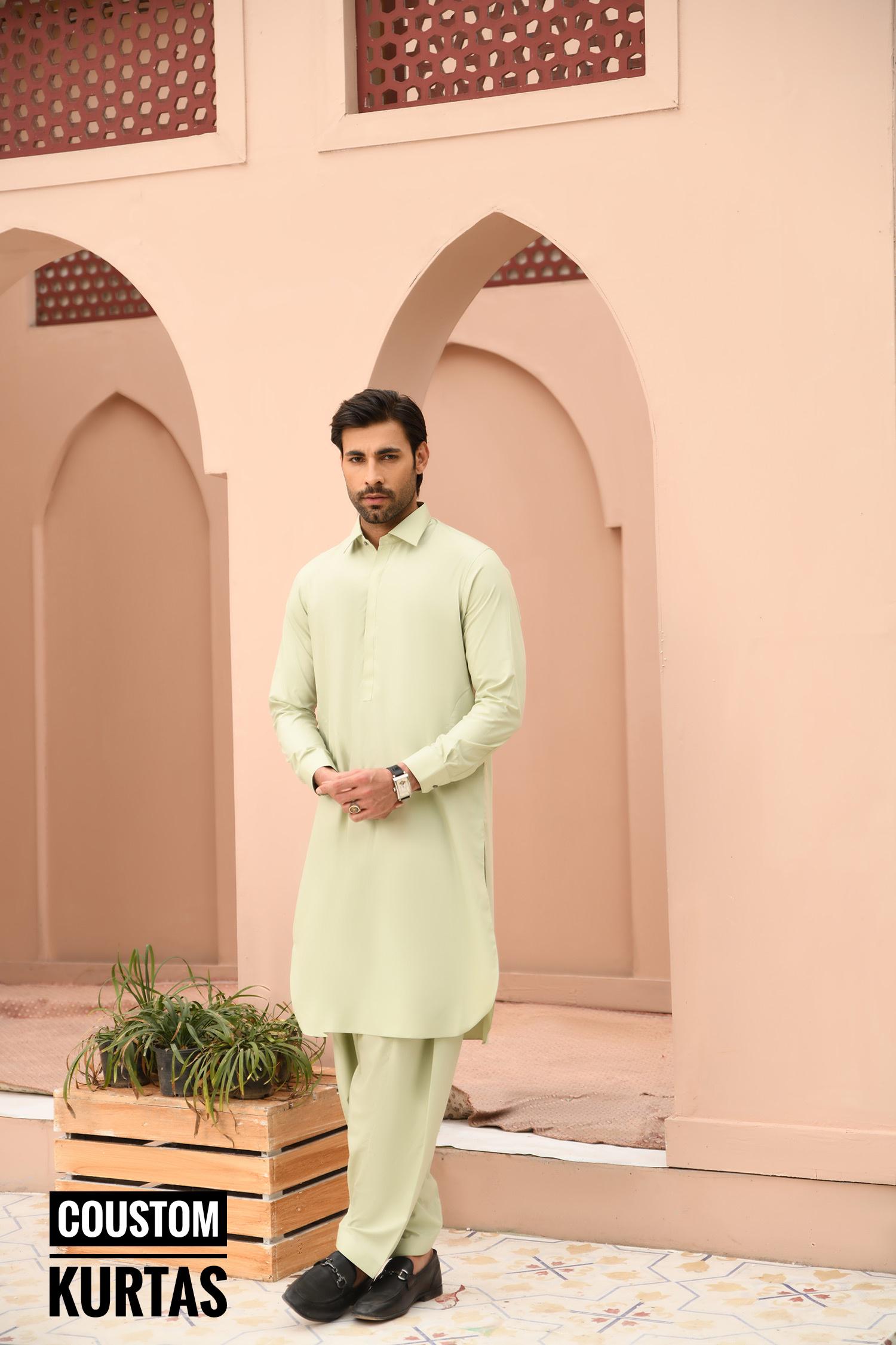 Light Green Cotton Shalwar Kameez: Indian Pakistani Men's Tunic