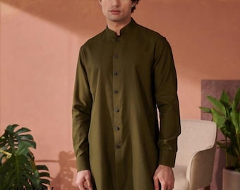 Kurta de algodón verde mehndi para hombre: Camisa india de manga larga bordada
