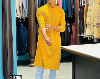 Men's Yellow Chikankari Kurta Pajama Set: Indian Wedding Outfit