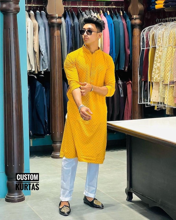 Men's Yellow Chikankari Kurta Pajama Set: Indian Wedding Outfit
