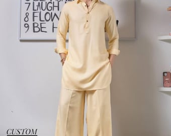 Beige Cotton Kurta Pajama Set: Indian Stand Collar Outfit