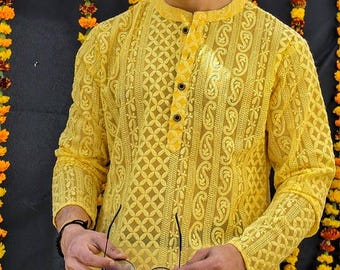 Mens Yellow Chikankari Kurta Set: Paisley Georgette Embroidered Ethnic Wear