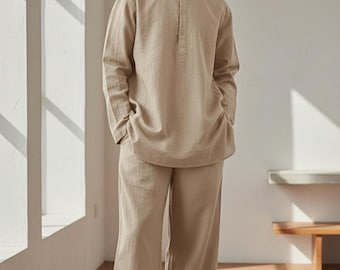 Men Linen Co-ord Set - Linen Yoga Kurta Pajama in Beige Color