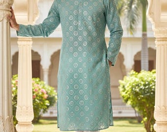 Embroidered Georgette Indian Handmade Trend Men Sea Green Color Kurta & White Pajama Sets