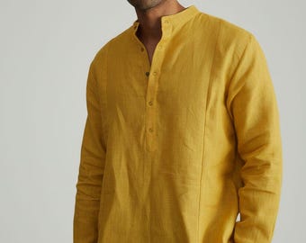 Men's Haldi Yellow Linen Shirt - Indian Friend's Wedding Outfit - Pure Linen Loungewear Shirts