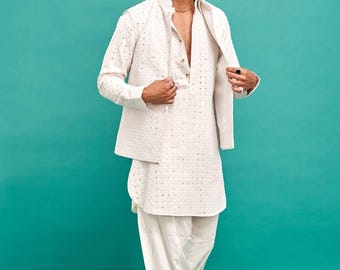 White Mirror Work Nehru Jacket Kurta Set: Indian Wedding Dress