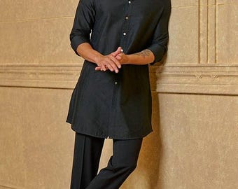 Handmade Black Cotton Kurta Pants: Front Open, Side Cut Design