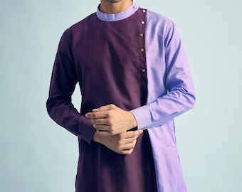 Men's Dark Purple & Lavender Side Open Kurta: Festival Wear