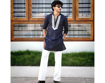 Herren Navy Blau Baumwolle Stickerei Kurta - Stehkragen Festliche Tunika