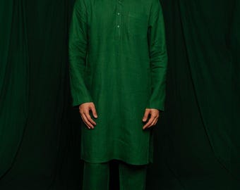Dark Green Linen Kurta Pajama Set: Men's Wedding Outfit