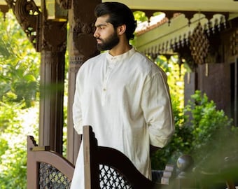 Off-White Cotton Long Sleeve Kurta: Embroidered Mandarin Collar