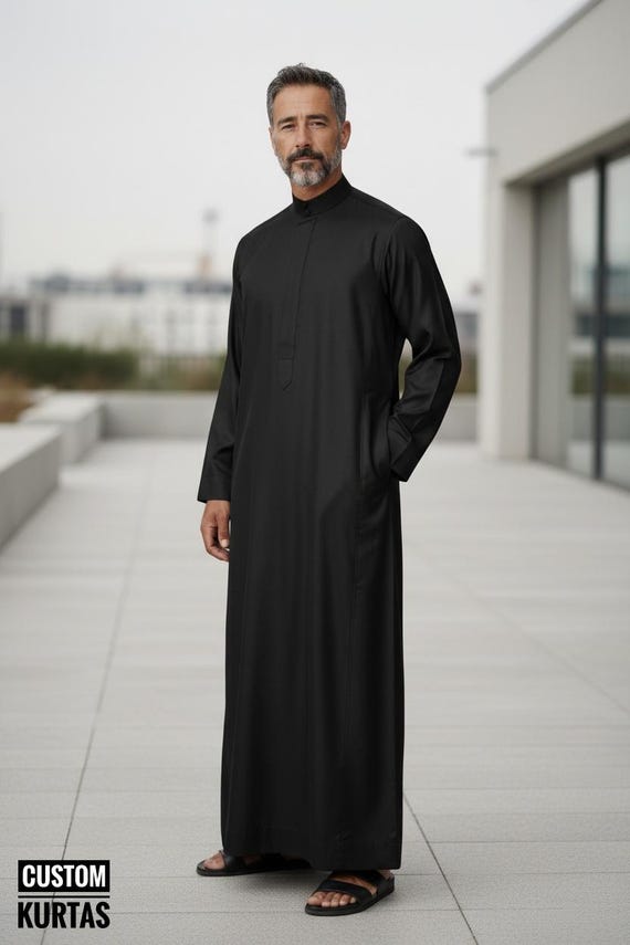 Arabic Style Thobe Jubba Men Abaya Black Color Muslim Wearing