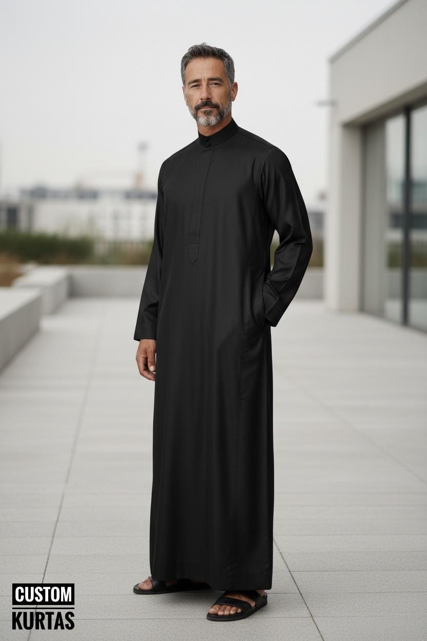 Man Beige Arabic Dubai Islamic Clothing Men's Thawb Jubba Long Sleeve Ethnic Thobes Solid