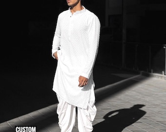 Biały zestaw bawełniany Chikankari Kurta Dhoti: odzież imprezowa dla mężczyzn