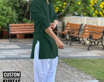 Dark Green Kurta Set: Men's Embroidered Cotton Kameez Shalwar
