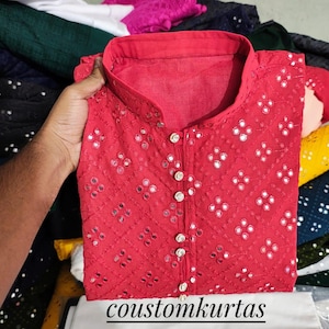 Red Mirror Work Kurta Pyjama: Indian Wedding Ceremony Dress