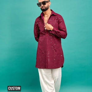 Red Mirror Work Kurta Shalwar Kameez: Embroidered Christmas Party Suit