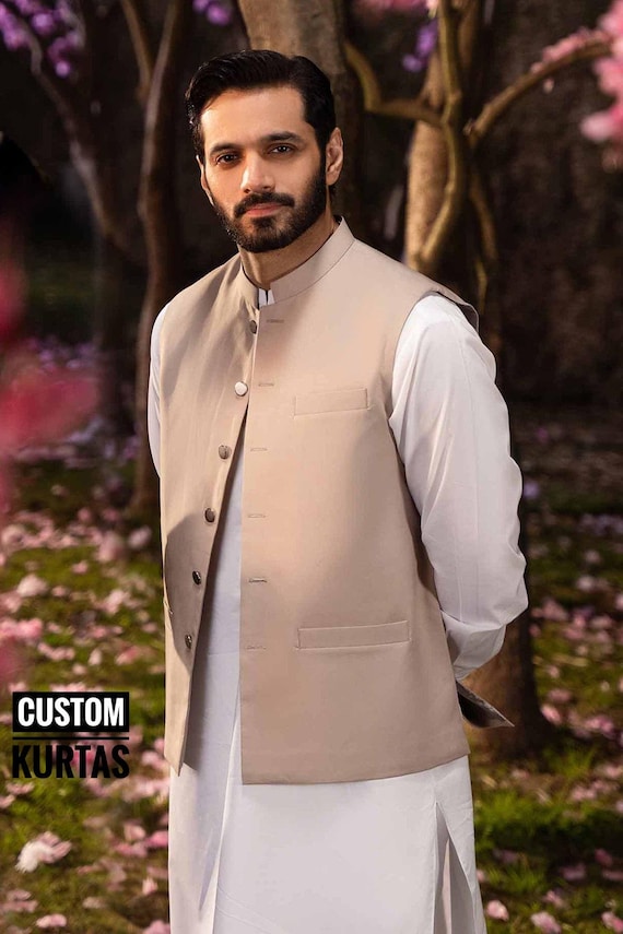 camel colour shalwar kameez with waistcoat