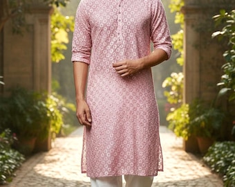 Men's Pink Sherwani Look Custom Made Pure Sequence Kurta Pajama Set - All Colors Available