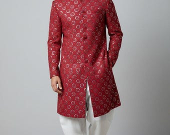 Red Sherwani Style Kurta & Churidar Pyjama - Red Embroidered Georgette Indian Muslim Eid Wearing