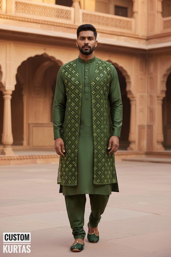 Mens Mehndi Green Embroidered Sherwani Suit Set