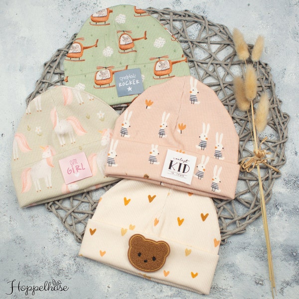 Babymütze mit Label, Beanie, Frühlingsmütze , Hipsterbeanie, Mütze mit Umschlag, Coming home Outfit, Geschenk zur Geburt, KU 40-57