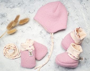 Walk Set Baby, Walkhandschuhe, Walkmütze, Walkhandschuhe Fäustlinge Baby, Krabbelschuhe Trageschuhe Puschen  Kinderhandschuhe,  aus Wollwalk