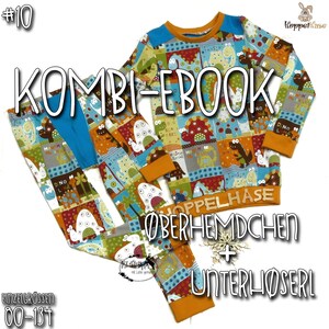 May include: A digital sewing pattern for a dinosaur-themed baby or toddler outfit. The pattern includes a long-sleeved shirt and leggings. The fabric is a patchwork of colorful squares with dinosaurs, monsters, and other playful designs. The text on the image reads "KOMBI-EBOOK OBERHEMDCHEN + UNTERHOSERL EINZELGROSSEN 00-134".