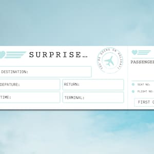 Modèle de carte d'embarquement | Imprimable, PDF, Vacances, Voyage, Surprise, Vacances, Faux billet d'avion