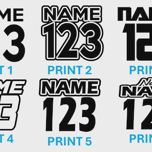May include: Six designs for custom name and number prints. Each design features the word "NAME" above the numbers "123". The text "PRINT" followed by a number is below each design. The designs are in black and white with a light blue background.