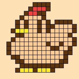 Puede incluir: Una ilustración pixelada de un pollo marrón con una cresta roja y patas amarillas.