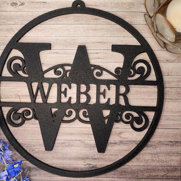 Personalisiertes 3D-gedrucktes rundes Familienname Split Monogramm Türschild, Urlaub, Veranda, Türschild, individuelles Namensschild