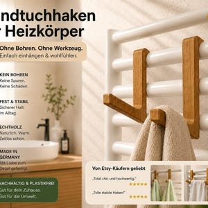 Wooden towel hook for radiators | Towel holder without drilling | Bathroom radiator hook | Bathroom heating accessory | Handmade in Germany image 4