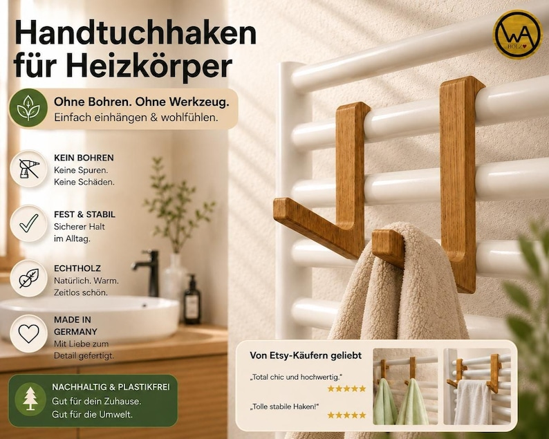Wooden towel hook for radiators | Towel holder without drilling | Bathroom radiator hook | Bathroom heating accessory | Handmade in Germany image 4