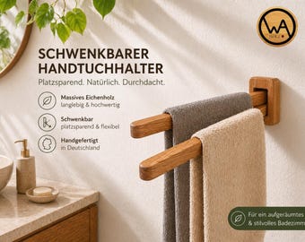 Schwenkbarer Handtuchhalter Holz – platzsparend fürs Badezimmer, Massivholz Eiche, ideal für Gäste WC & kleine Bäder