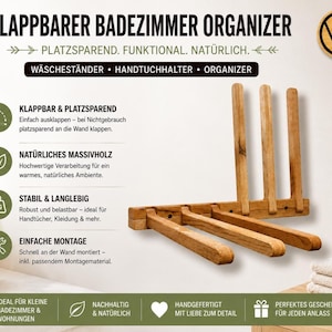 Könnte beinhalten: Ein hölzerner, an der Wand montierter Badezimmer-Organizer mit Klappdesign. Der Organizer hat mehrere Holzstäbe zum Aufhängen von Handtüchern oder Kleidung. Der Text auf dem Bild lautet "KLAPPBARER BADEZIMMER ORGANIZER" und "WÄSCHESTÄNDER HANDTUCHHALTER ORGANIZER".