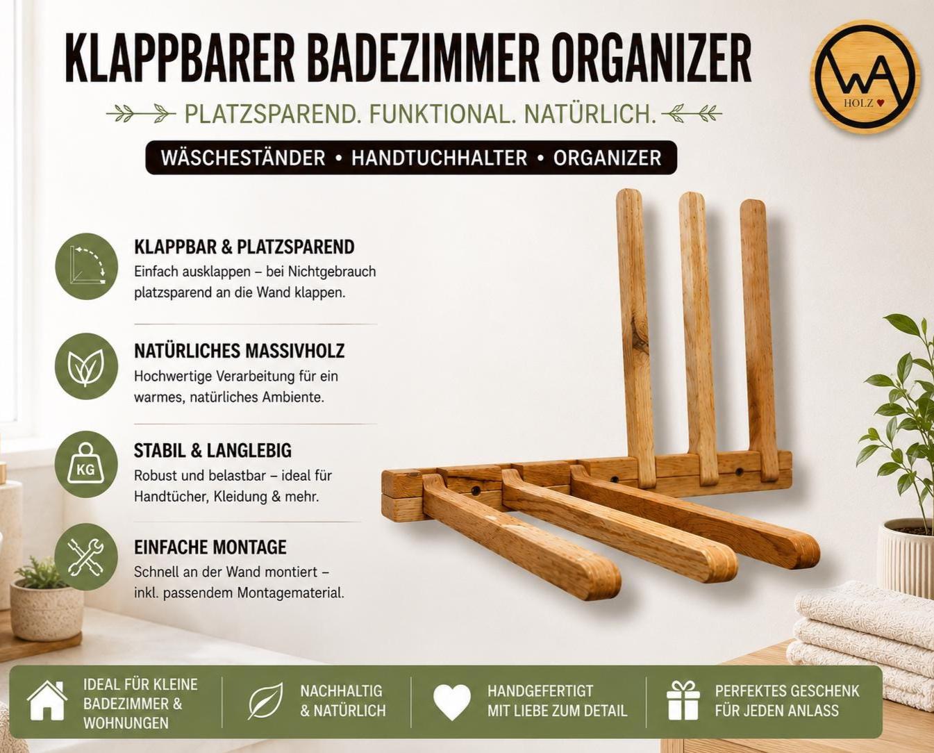Klappbarer Wäscheständer Wand aus Holz – platzsparender Wandtrockner für Badezimmer – faltbarer Wäschetrockner & Handtuchhalter