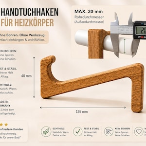Wooden towel hook for radiators | Towel holder without drilling | Bathroom radiator hook | Bathroom heating accessory | Handmade in Germany image 3