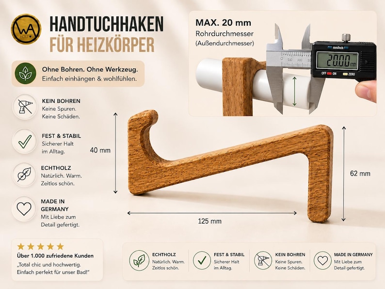 Wooden towel hook for radiators | Towel holder without drilling | Bathroom radiator hook | Bathroom heating accessory | Handmade in Germany image 3