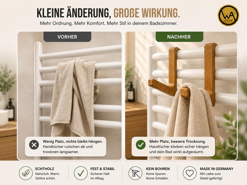Wooden towel hook for radiators | Towel holder without drilling | Bathroom radiator hook | Bathroom heating accessory | Handmade in Germany image 2