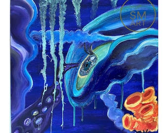 The Eye of the jellyfish - acrylic surrealist painting of a jellyfish - 40 x 40 cm