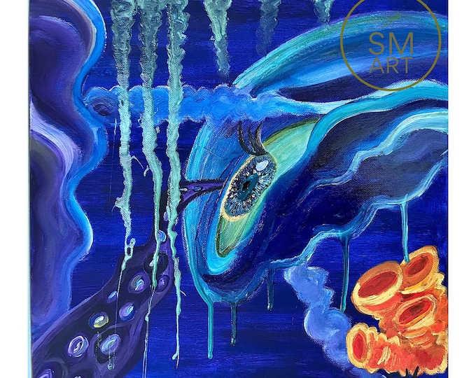 Featured listing image: The Eye of the jellyfish - acrylic surrealist painting of a jellyfish - 40 x 40 cm