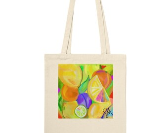 Lemons, citrus & a plum - Classic 100% Cotton Tote Bag, 10 litres, Eco Reusable Bag