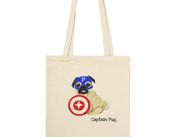 Captain Pug - Classic 100% Cotton Tote Bag, 10 litres, Eco Reusable Bag