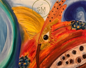 Uitsilin (Hummingbird in nahuatl) - acrylic surrealist painting of a hummingbird - 50 x 40 cm