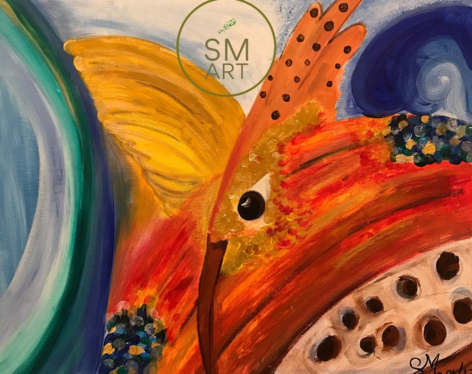 Featured listing image: Uitsilin (Hummingbird in nahuatl) - acrylic surrealist painting of a hummingbird - 50 x 40 cm