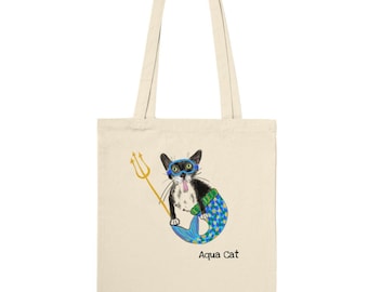 Aqua Cat - Classic 100% Cotton Tote Bag, 10 litres, Eco Reusable Bag