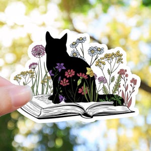 Black Cat Book Sticker, Flowers Sticker, Books and Cats Sticker, Laptop Sticker, Back To School Sticker, Handmade Sticker,Waterproof Sticker